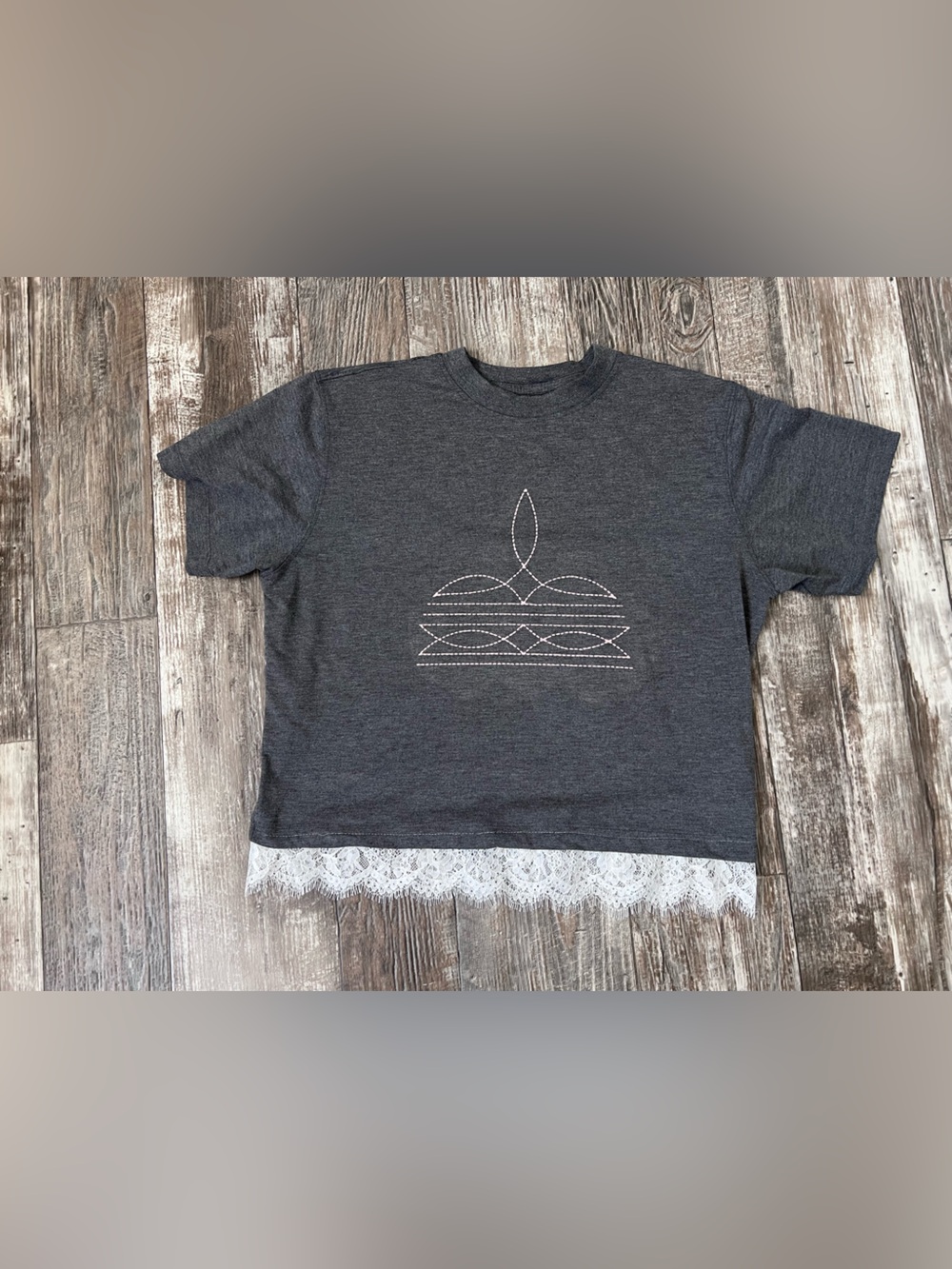 Upcycled Polo Ralph Lauren Western Boot Stitch Tee with Lace Trim - Medium